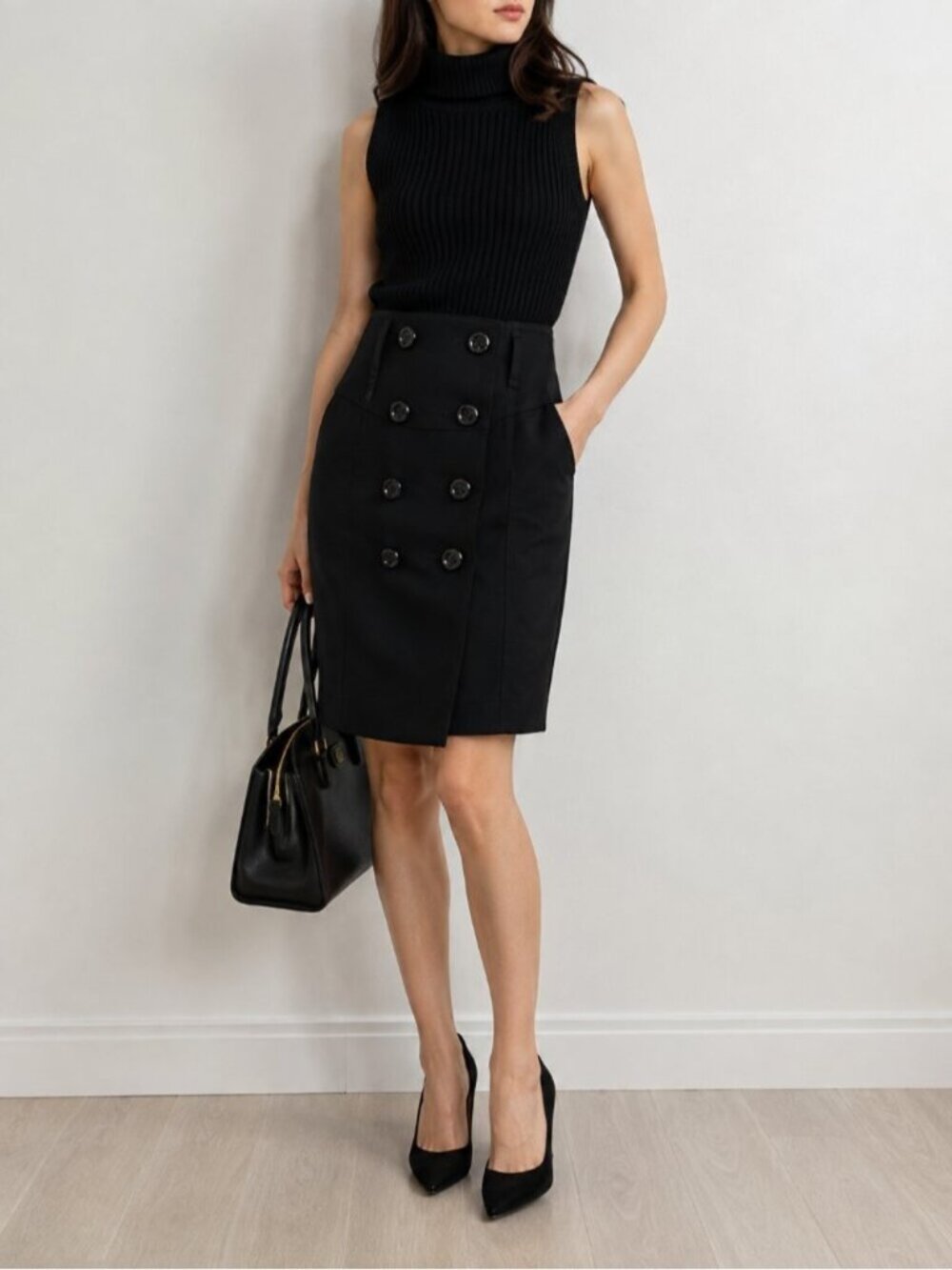 Burberry London Black Double Breasted Pencil Skirt Size 38 0774